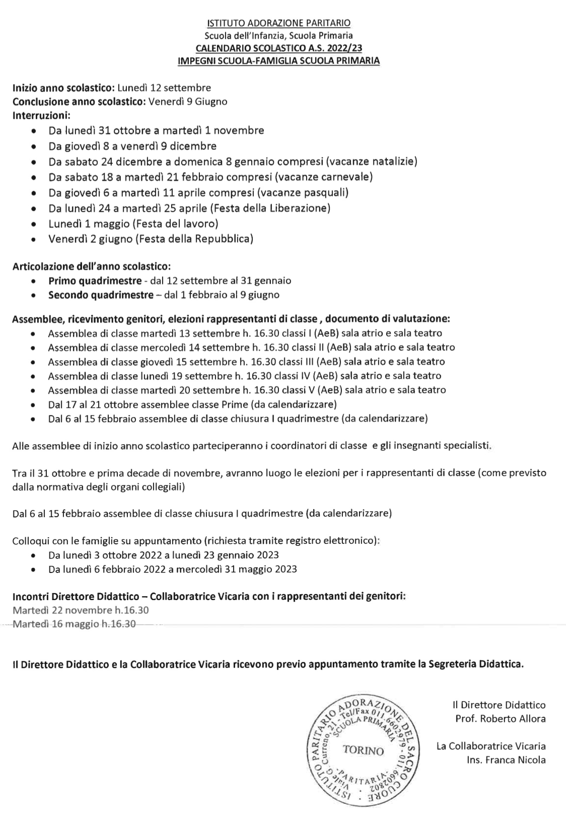 impegni scuola famiglie