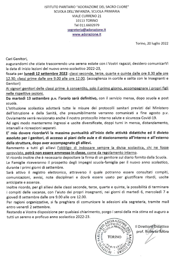 lettera inizio anno primaria 22 23