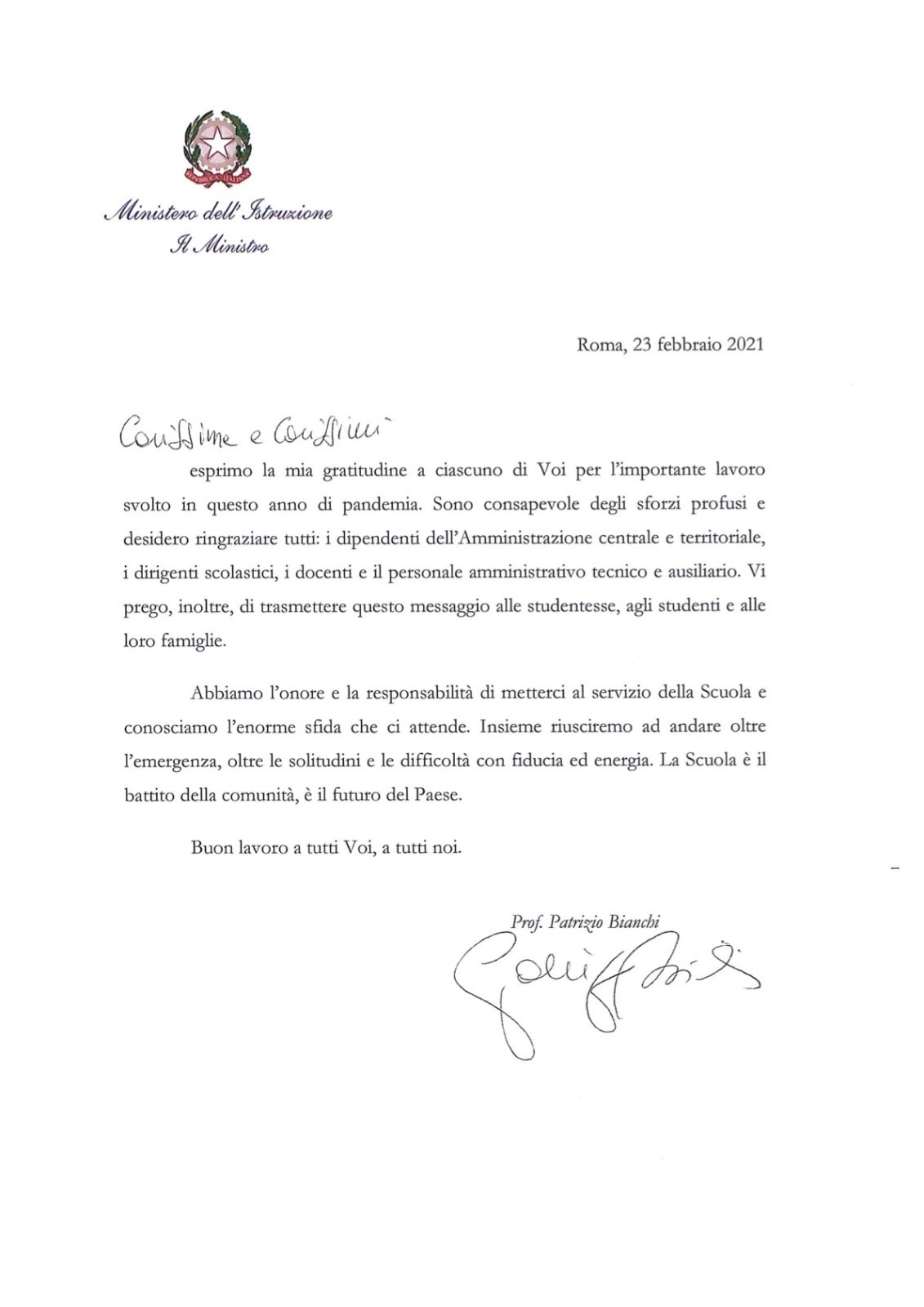 lettera prof bianchi